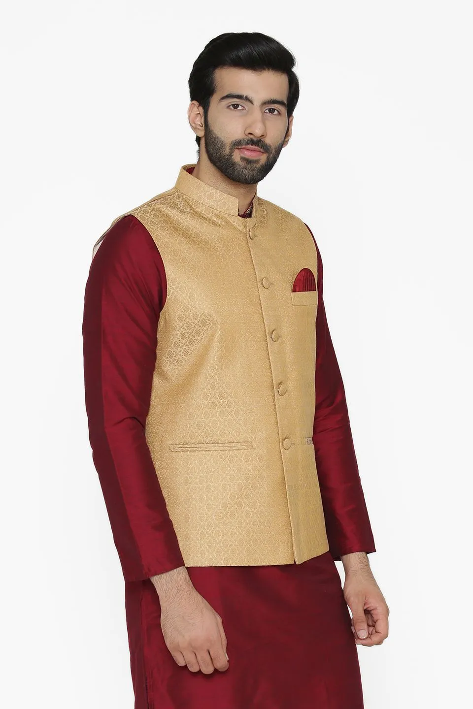 Banarasi Art Silk Cotton Blend Gold Modi Nehru Jacket