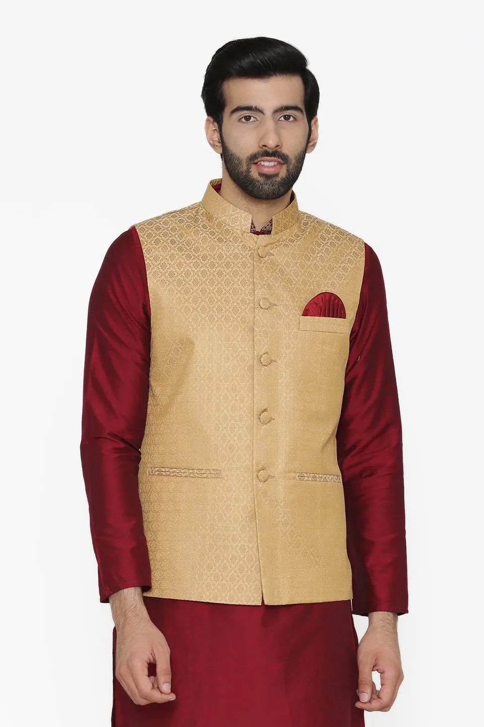 Banarasi Art Silk Cotton Blend Gold Modi Nehru Jacket