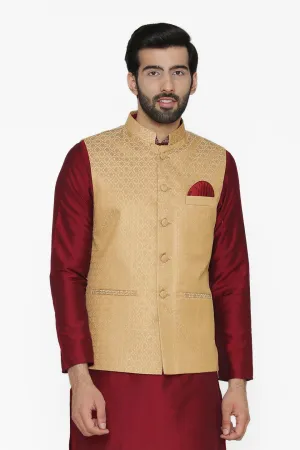 Banarasi Art Silk Cotton Blend Gold Modi Nehru Jacket