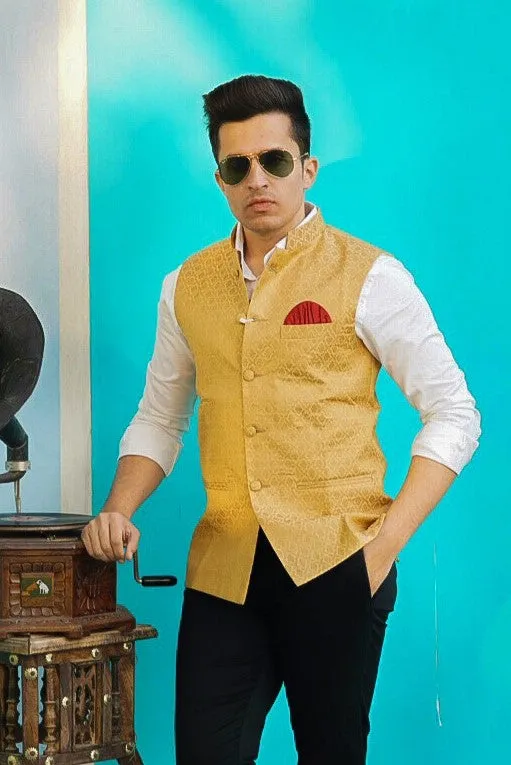 Banarasi Art Silk Cotton Blend Gold Modi Nehru Jacket