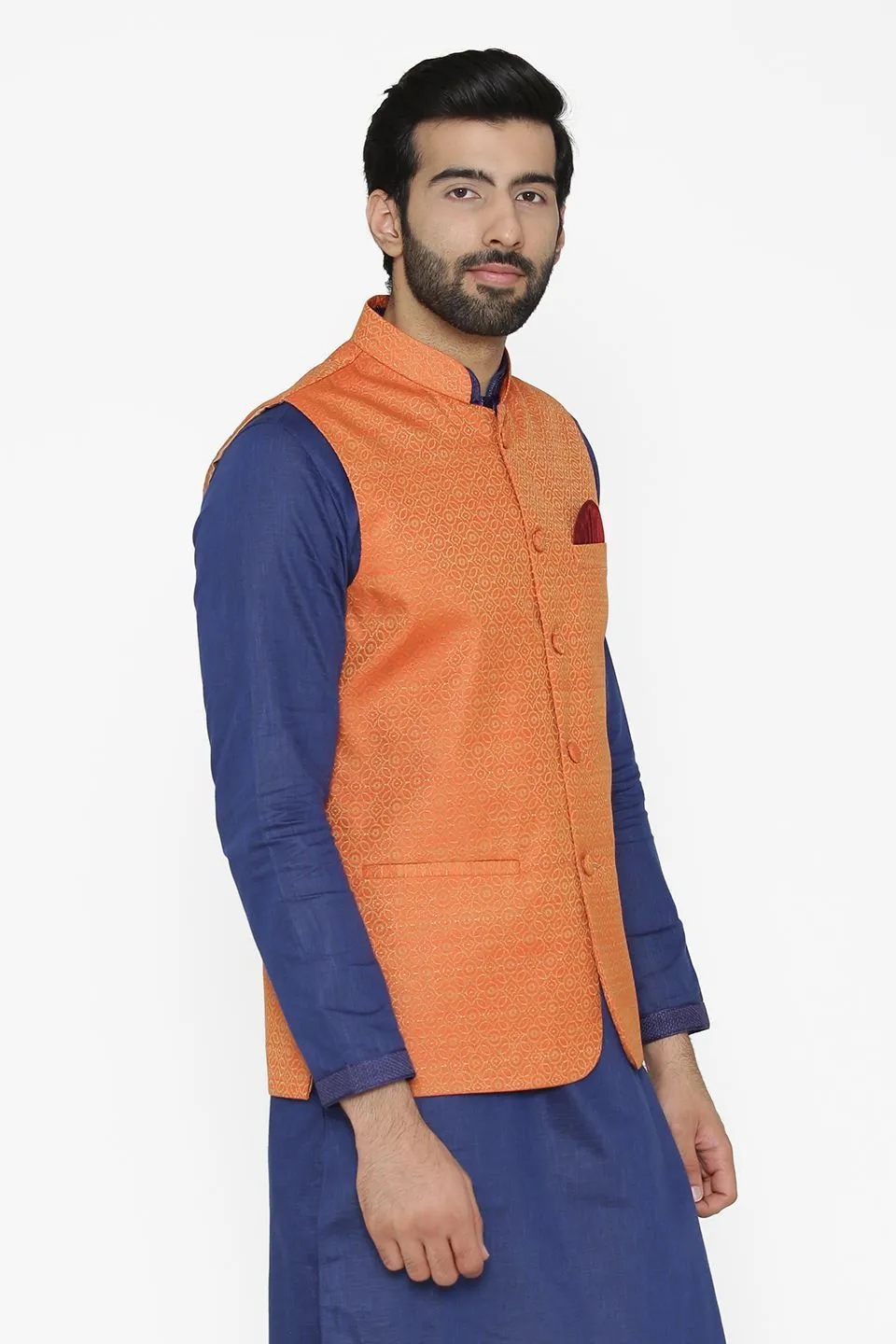 Banarasi Art Silk Cotton Blend Orange Modi Nehru Jacket