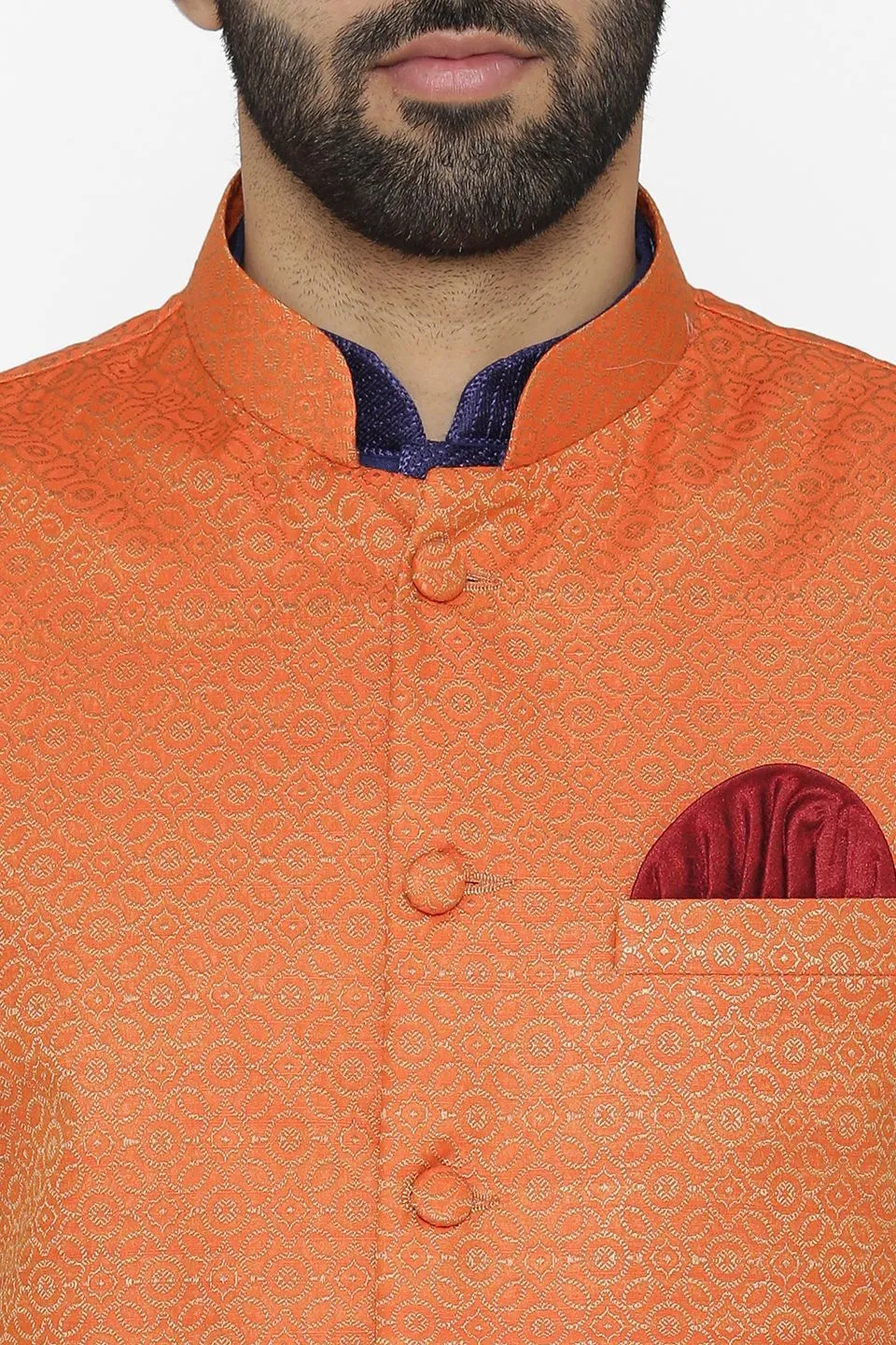 Banarasi Art Silk Cotton Blend Orange Modi Nehru Jacket