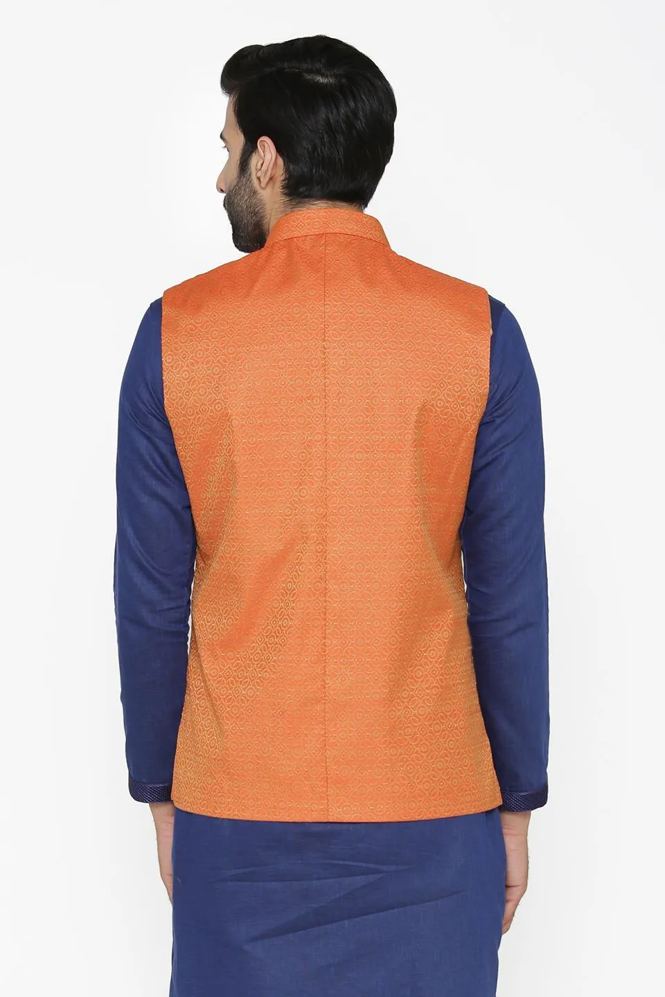 Banarasi Art Silk Cotton Blend Orange Modi Nehru Jacket