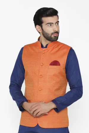 Banarasi Art Silk Cotton Blend Orange Modi Nehru Jacket
