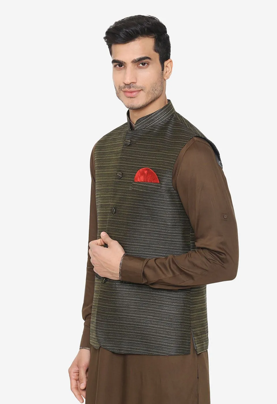 Banarasi Rayon Cotton Dark Green Nehru Modi Jacket