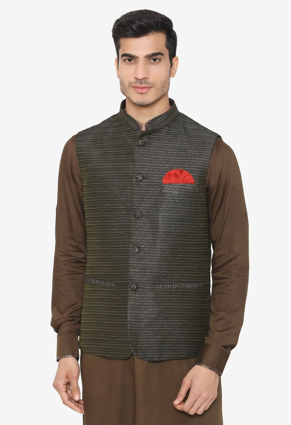 Banarasi Rayon Cotton Dark Green Nehru Modi Jacket