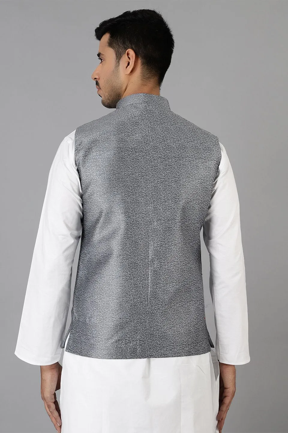 Banarasi Rayon Cotton Grey Modi Nehru Jacket