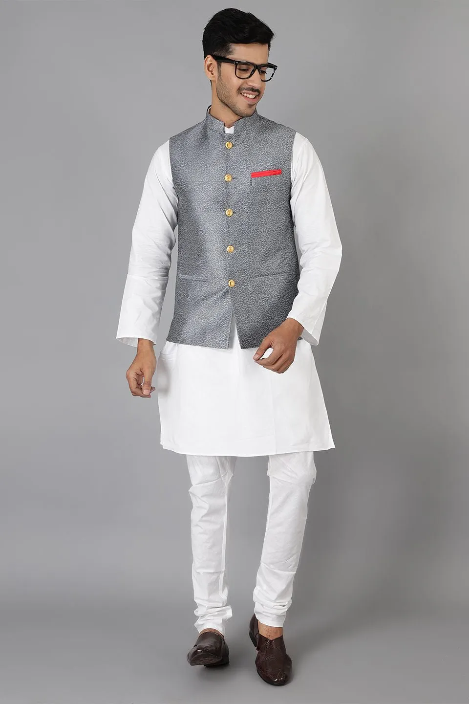 Banarasi Rayon Cotton Grey Modi Nehru Jacket