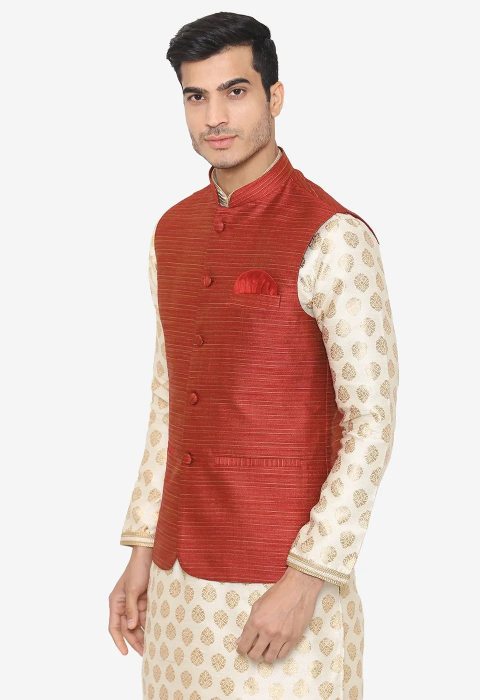Banarasi Rayon Cotton Red Nehru Modi Jacket