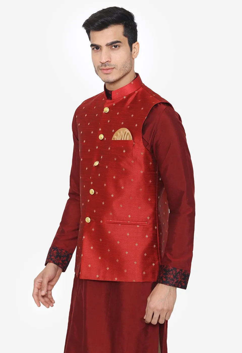 Banarasi Rayon Cotton Red Nehru Modi Jacket
