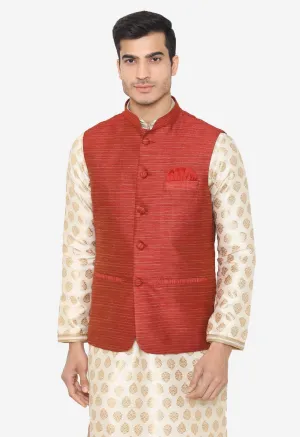 Banarasi Rayon Cotton Red Nehru Modi Jacket