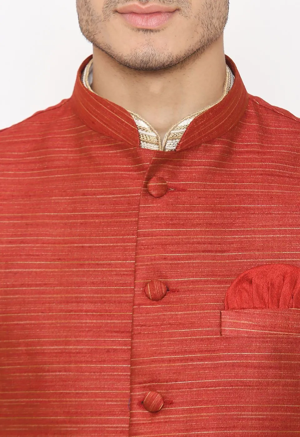 Banarasi Rayon Cotton Red Nehru Modi Jacket