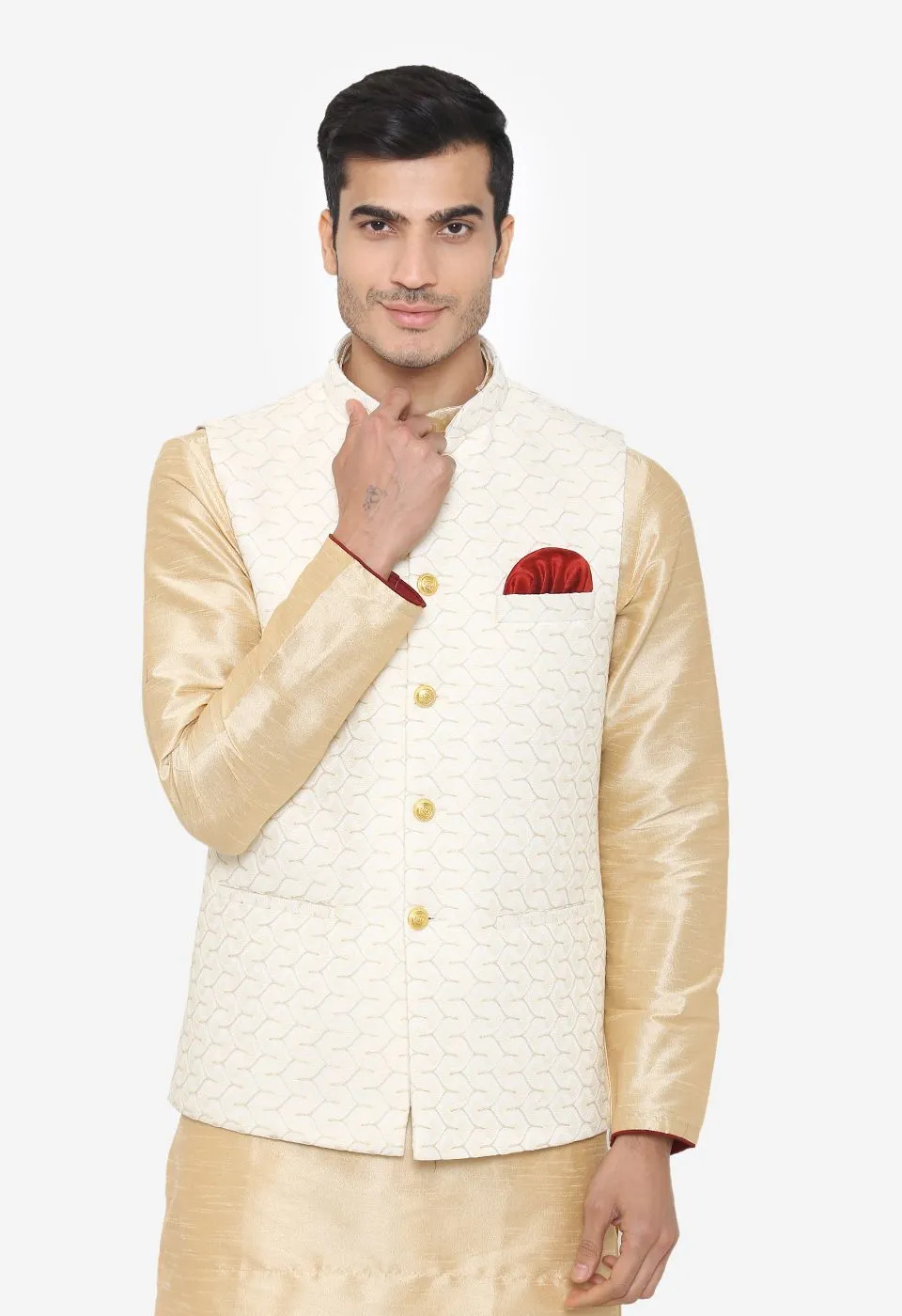 Banarasi Rayon Cotton White Nehru Modi Jacket
