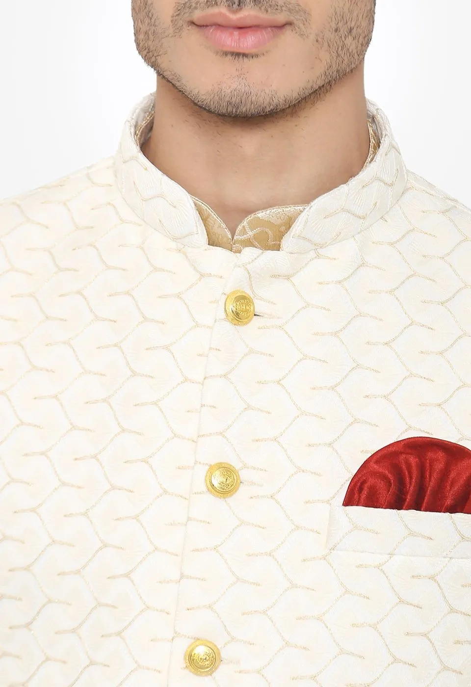 Banarasi Rayon Cotton White Nehru Modi Jacket
