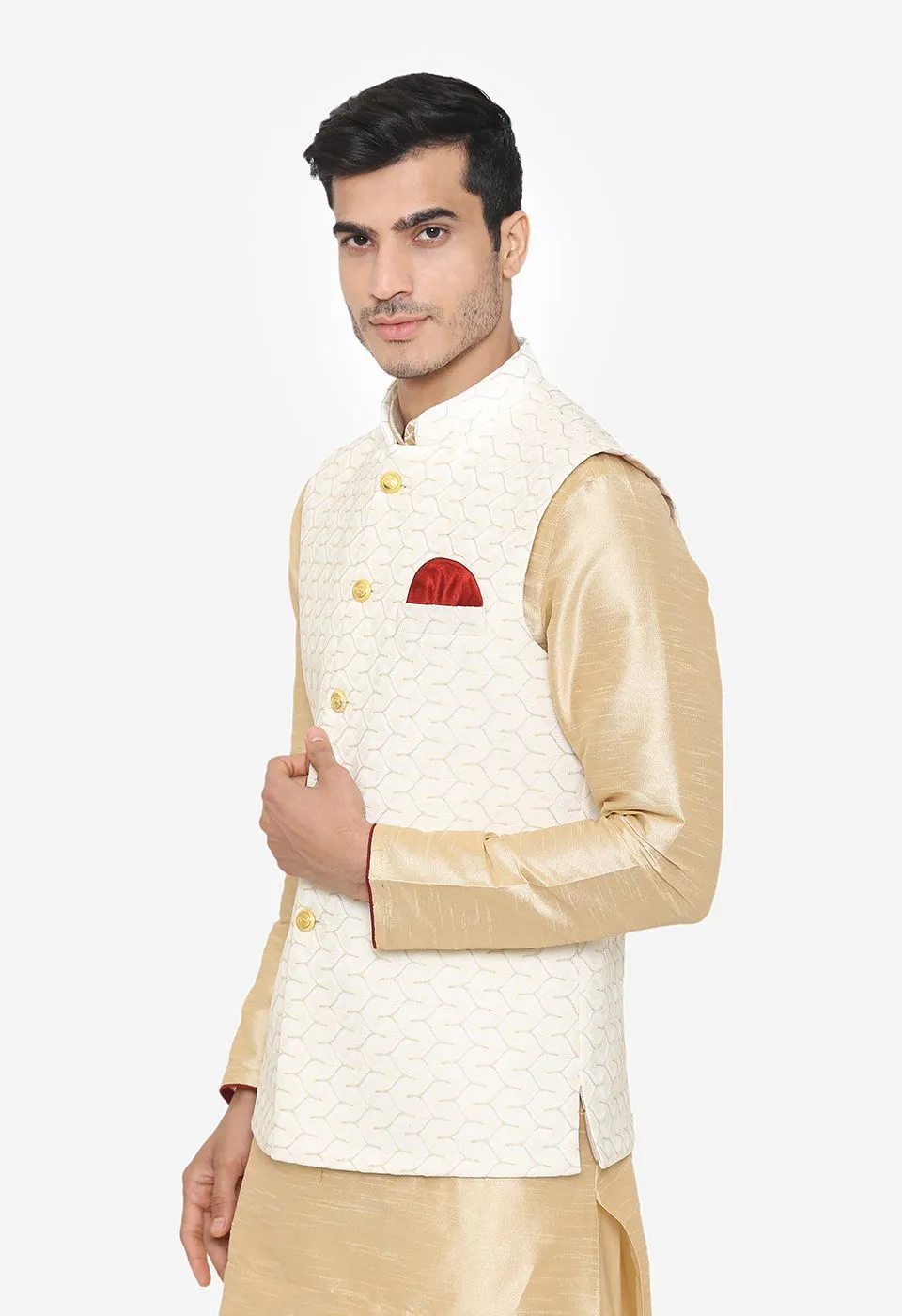 Banarasi Rayon Cotton White Nehru Modi Jacket