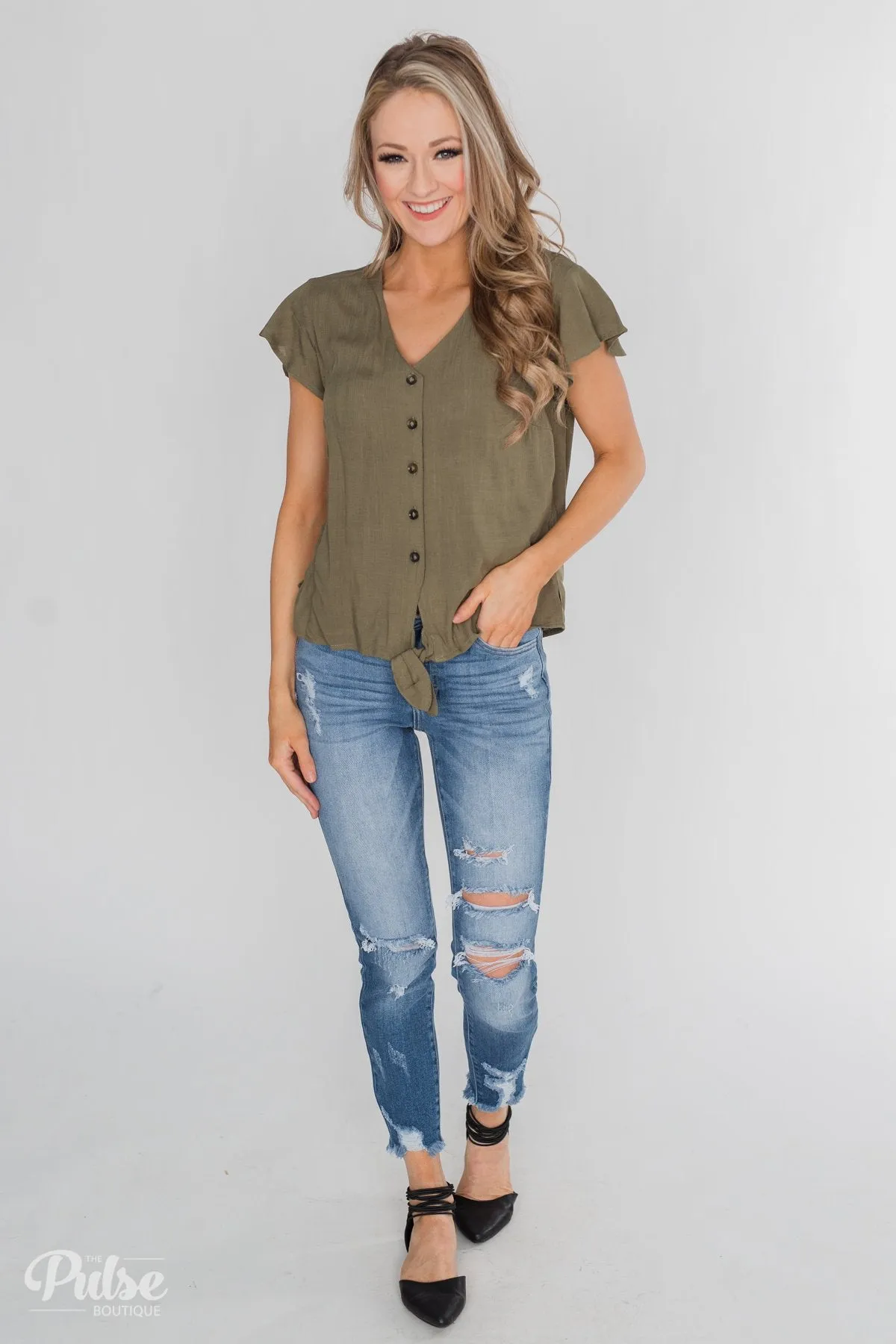 Believe in Me Button Down Top- Olive