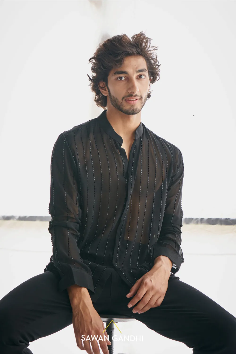 Black Cutdana Stripe Shirt