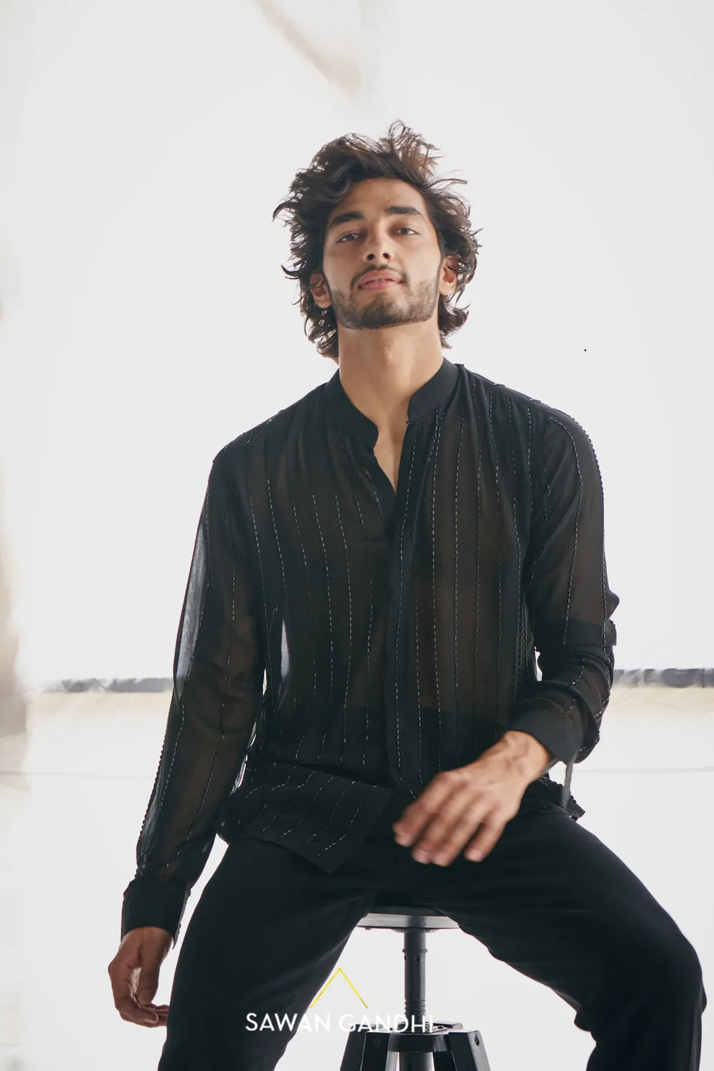Black Cutdana Stripe Shirt