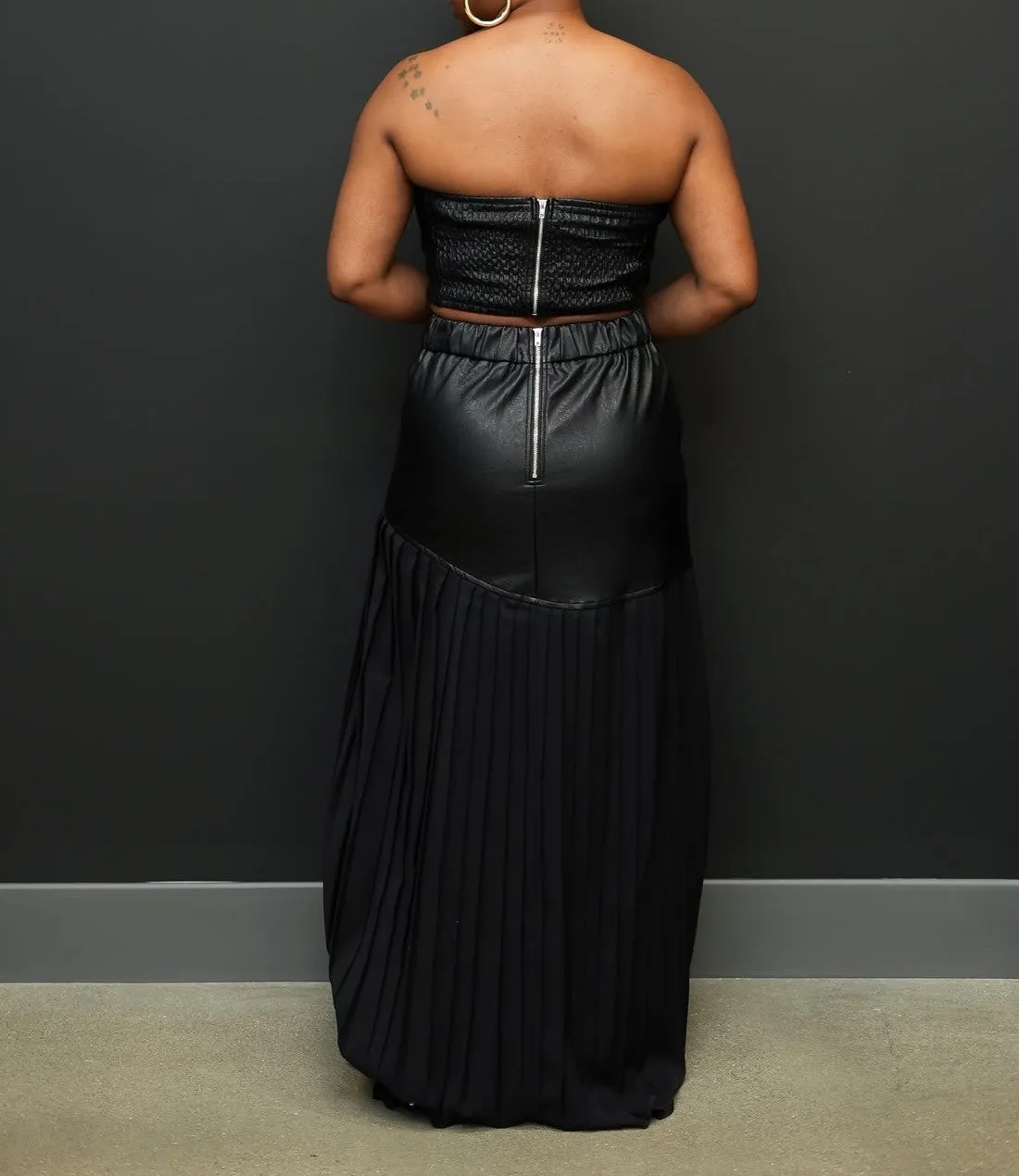 Black Leather Wrap Top & Pleated Patchwork Half Skirt