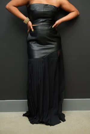 Black Leather Wrap Top & Pleated Patchwork Half Skirt