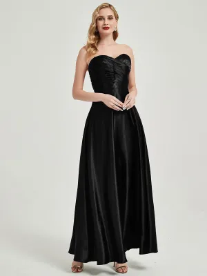 Black Satin Sweetheart Strapless Floor Length Pleated Bridesmaid Dress