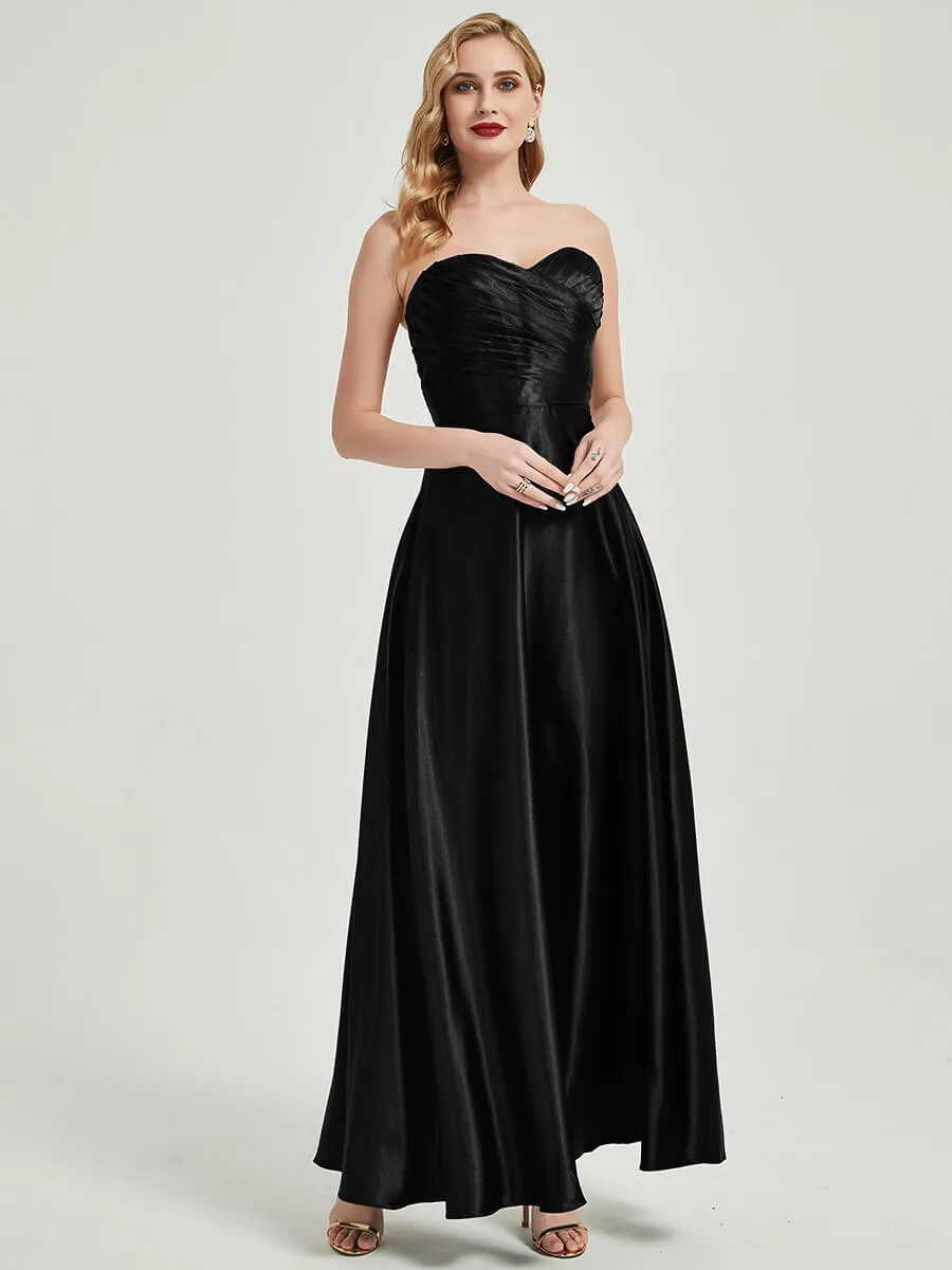Black Satin Sweetheart Strapless Floor Length Pleated Bridesmaid Dress