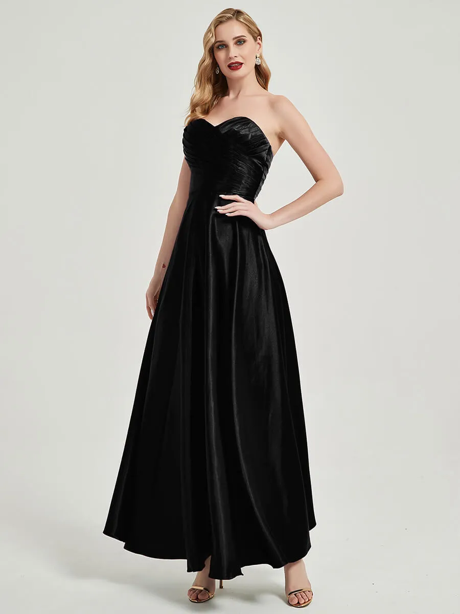 Black Satin Sweetheart Strapless Floor Length Pleated Bridesmaid Dress