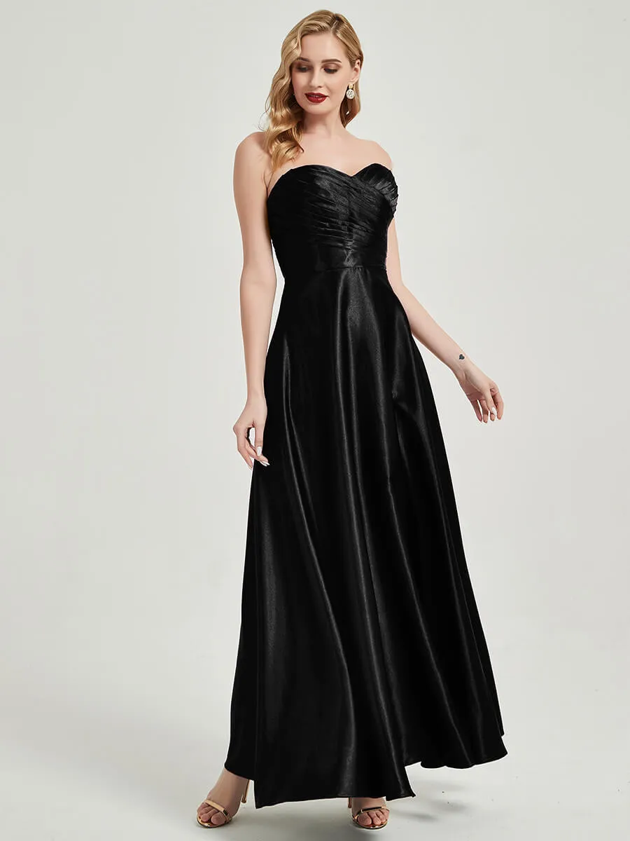 Black Satin Sweetheart Strapless Floor Length Pleated Bridesmaid Dress