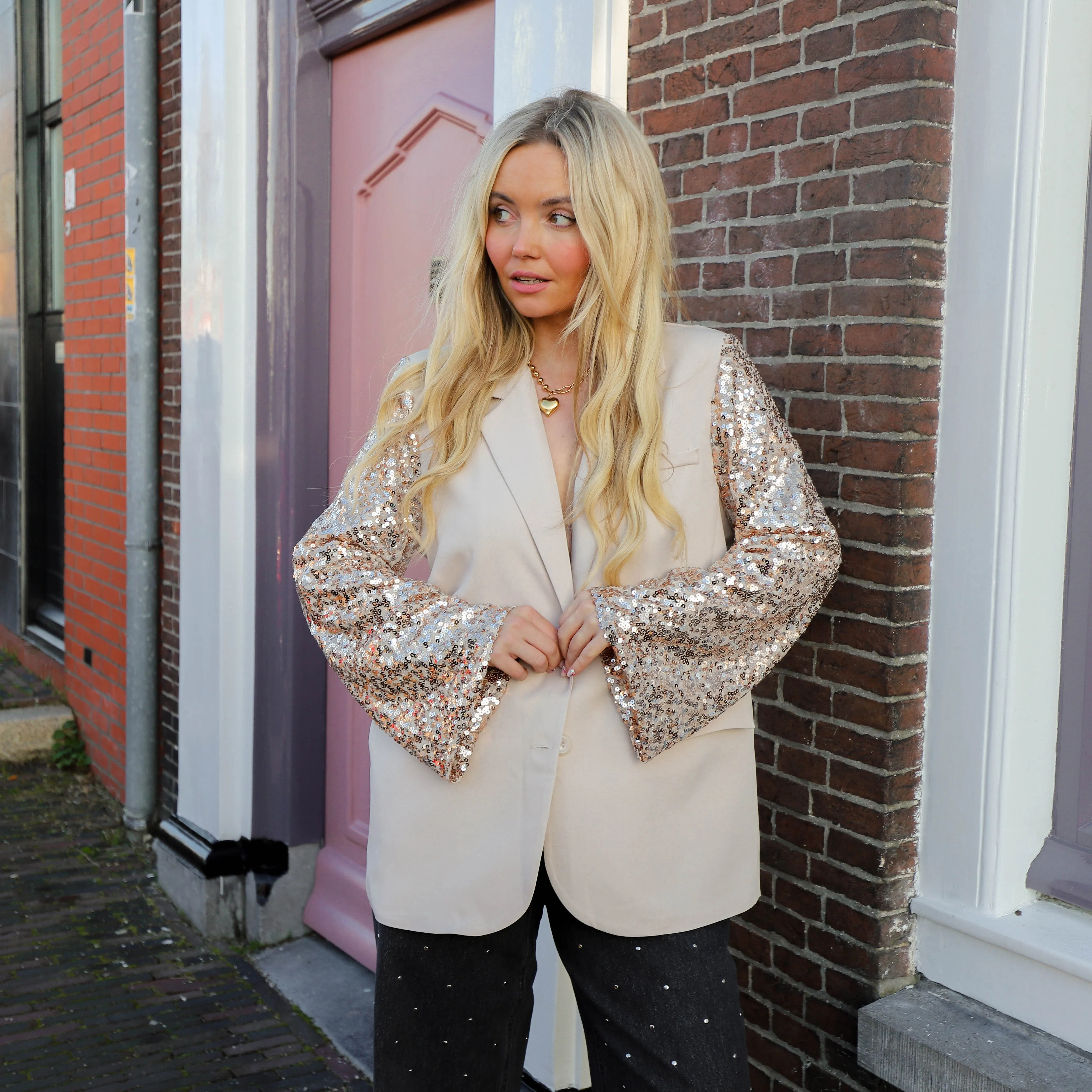 Blazer pailletten mouw beige