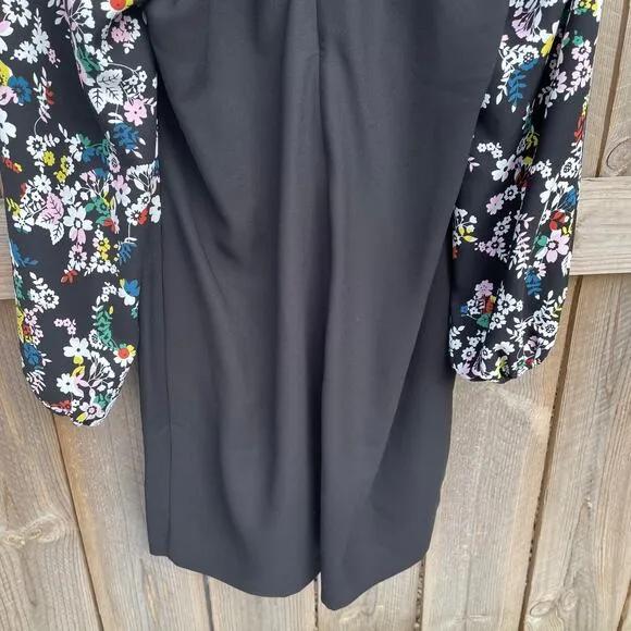 Boden Dress Keira Shift Elastic Cuffs Floral Black 3/4 Bishop Sleeve Size 8