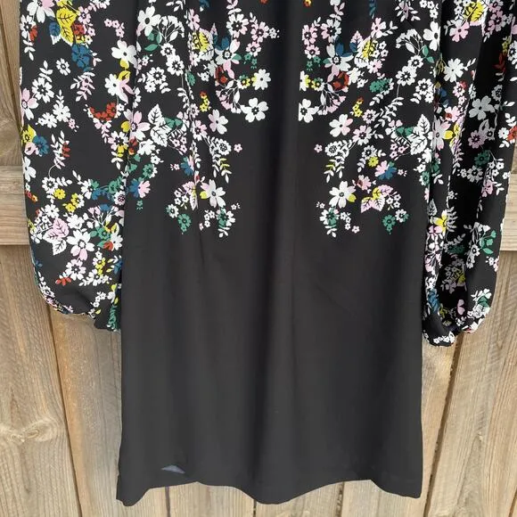 Boden Dress Keira Shift Elastic Cuffs Floral Black 3/4 Bishop Sleeve Size 8