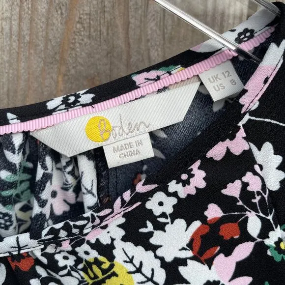 Boden Dress Keira Shift Elastic Cuffs Floral Black 3/4 Bishop Sleeve Size 8