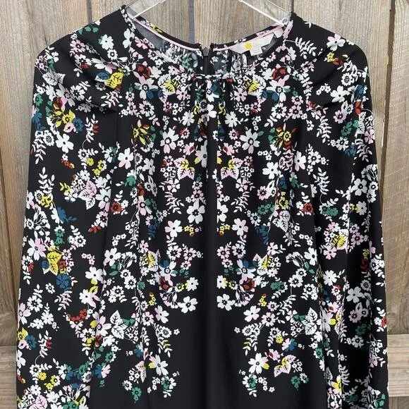 Boden Dress Keira Shift Elastic Cuffs Floral Black 3/4 Bishop Sleeve Size 8