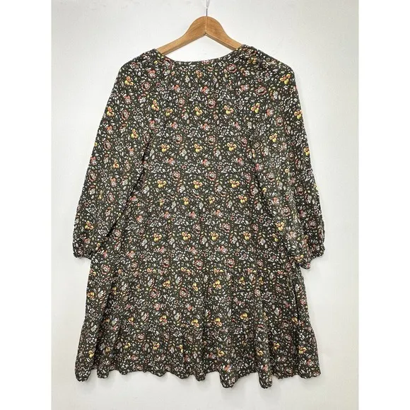 Boden Dress Women's 8R Olive Green‎ Floral Shift 3/4 Sleeve Midi V Neck Boho