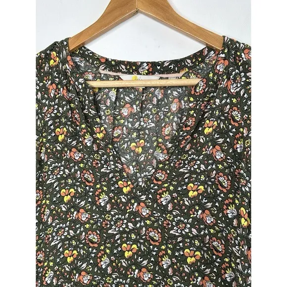 Boden Dress Women's 8R Olive Green‎ Floral Shift 3/4 Sleeve Midi V Neck Boho