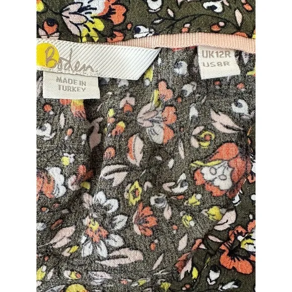 Boden Dress Women's 8R Olive Green‎ Floral Shift 3/4 Sleeve Midi V Neck Boho
