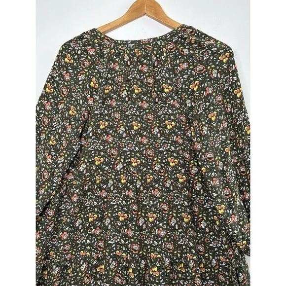 Boden Dress Women's 8R Olive Green‎ Floral Shift 3/4 Sleeve Midi V Neck Boho