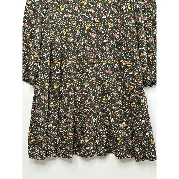 Boden Dress Women's 8R Olive Green‎ Floral Shift 3/4 Sleeve Midi V Neck Boho