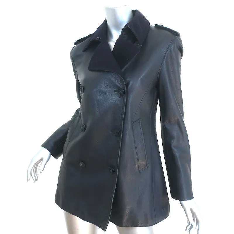 Bottega Veneta Double Breasted Leather Jacket with Cashmere Collar Black Size 44