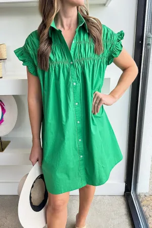 Bright Green Shirred Ruffle Sleeve Button Up Short Dress