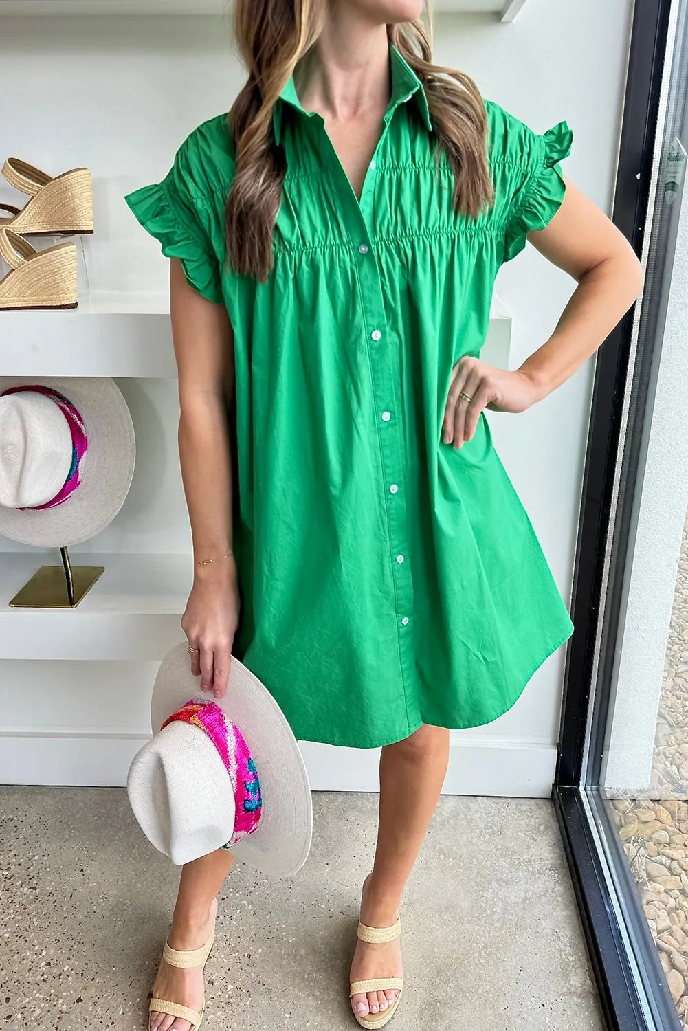 Bright Green Shirred Ruffle Sleeve Button Up Short Dress
