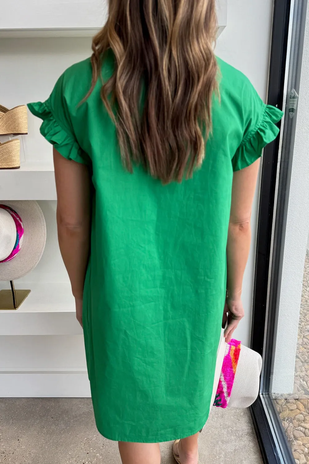 Bright Green Shirred Ruffle Sleeve Button Up Short Dress