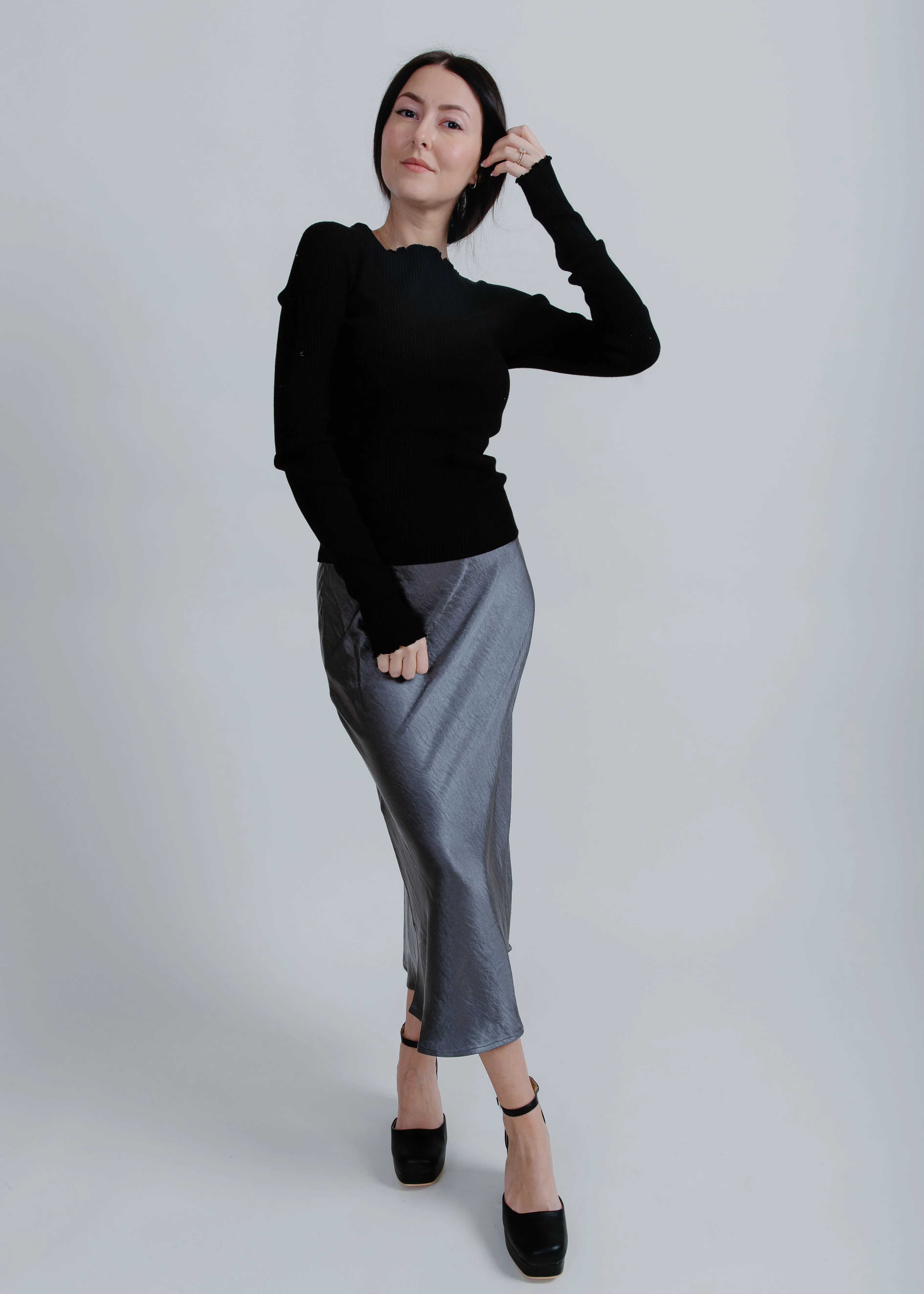 Brooklyn Satin Midi Skirt - Charcoal