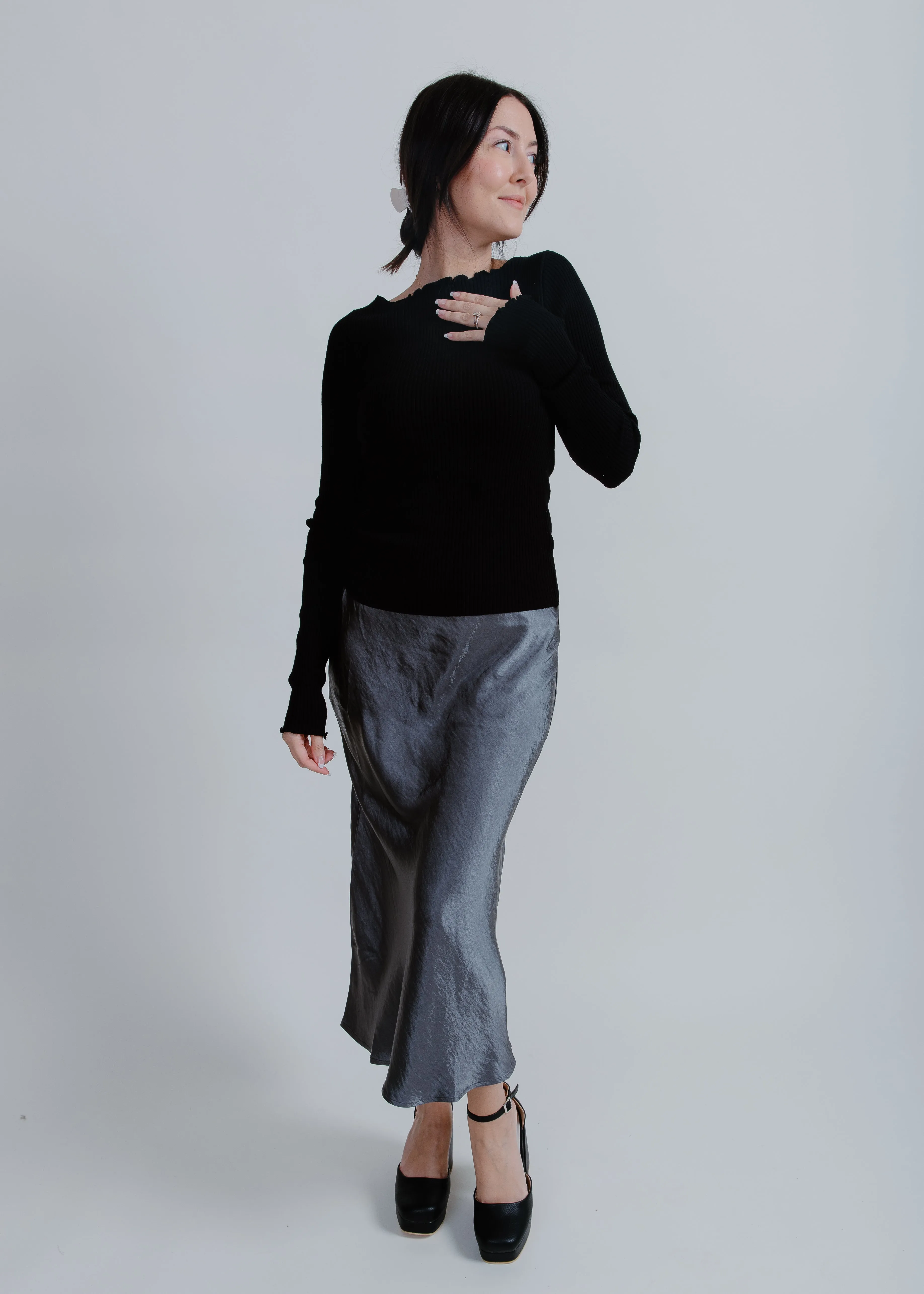Brooklyn Satin Midi Skirt - Charcoal