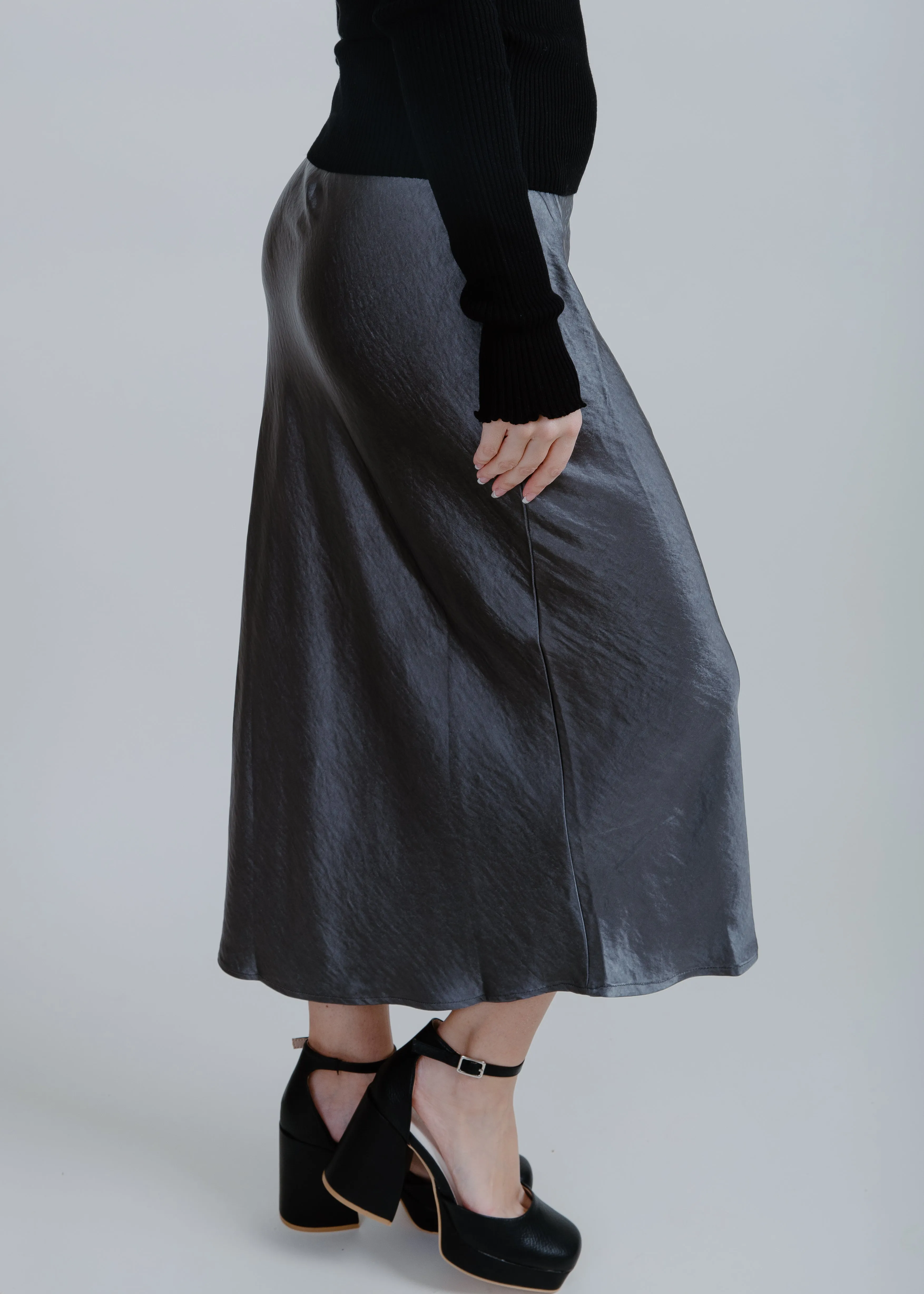 Brooklyn Satin Midi Skirt - Charcoal