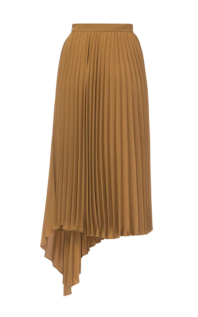 Brown Assymetric Pleated Skirt
