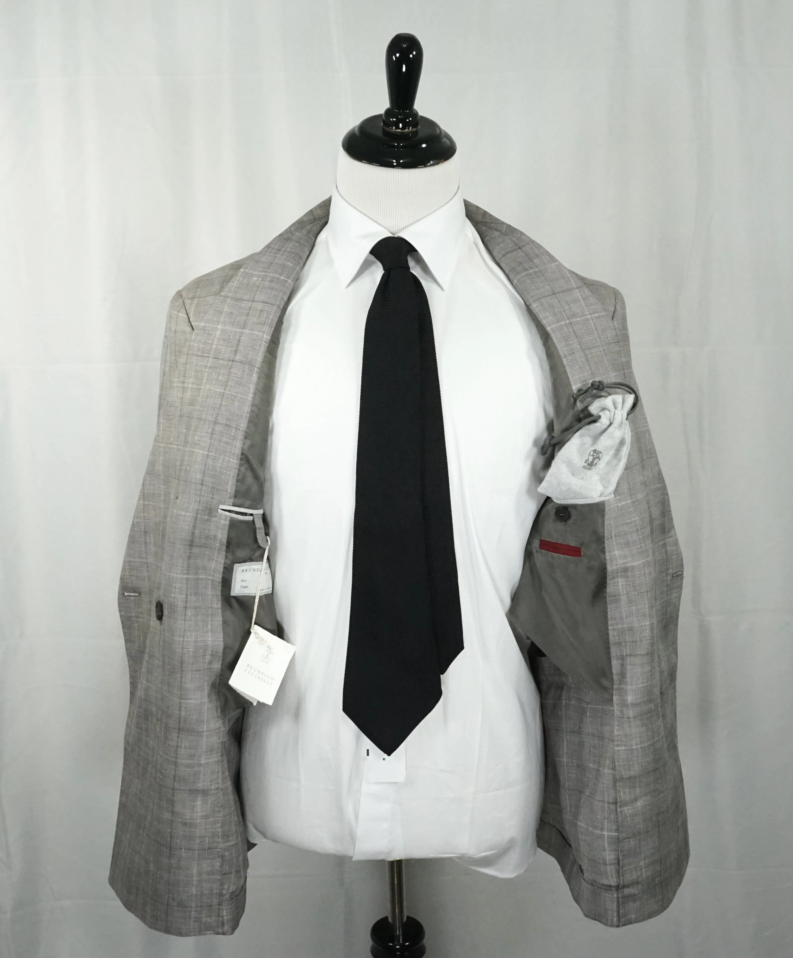 BRUNELLO CUCINELLI - Wool/Linen/Silk Plaid Double Breasted Gray Suit - 44R