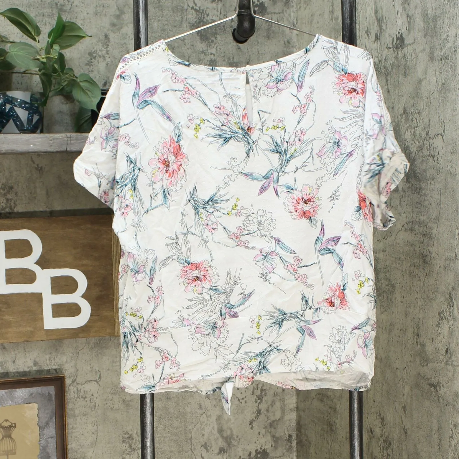 Buffalo David Bitton Tie Front Floral Top With Crochet Inserts White Large
