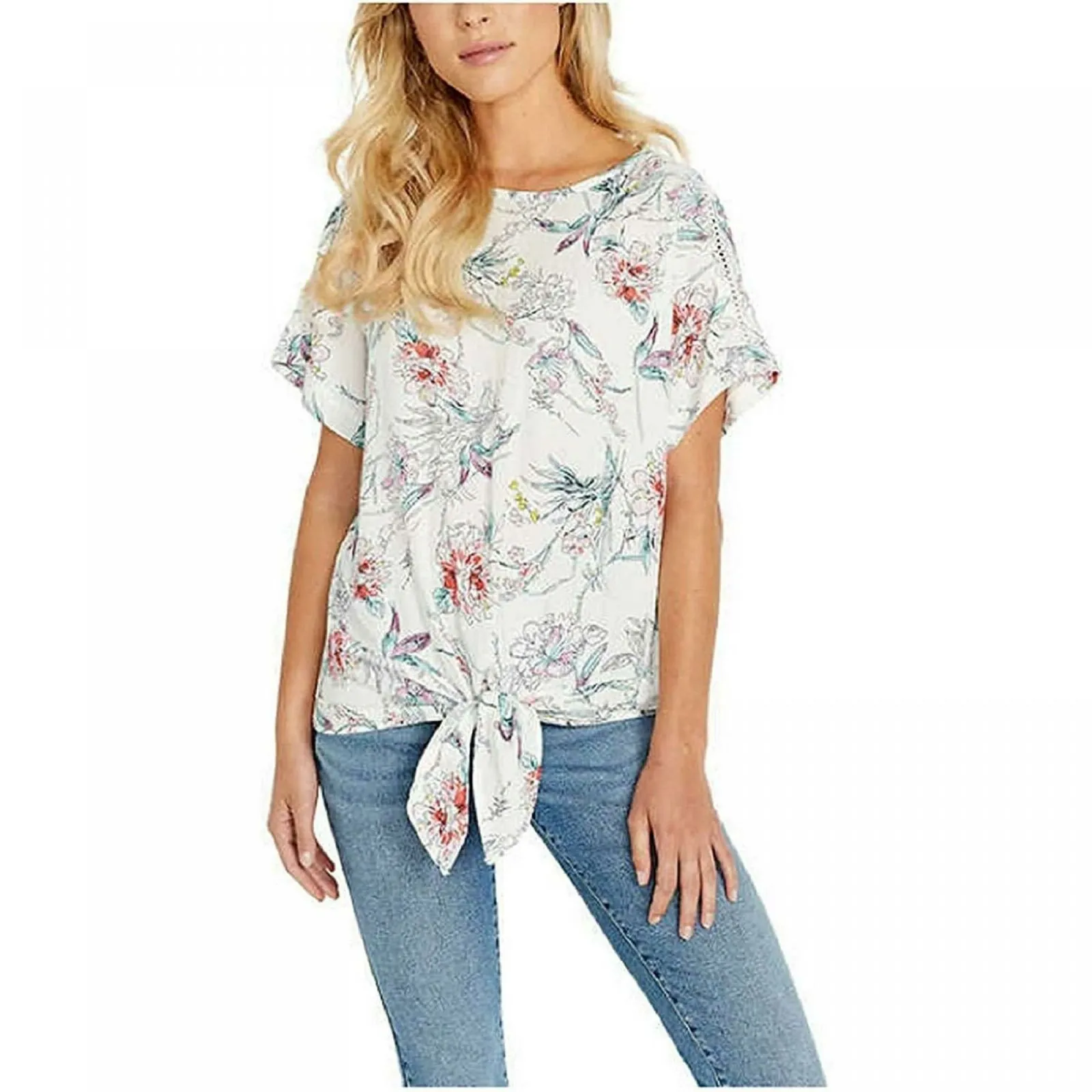 Buffalo David Bitton Tie Front Floral Top With Crochet Inserts White Large