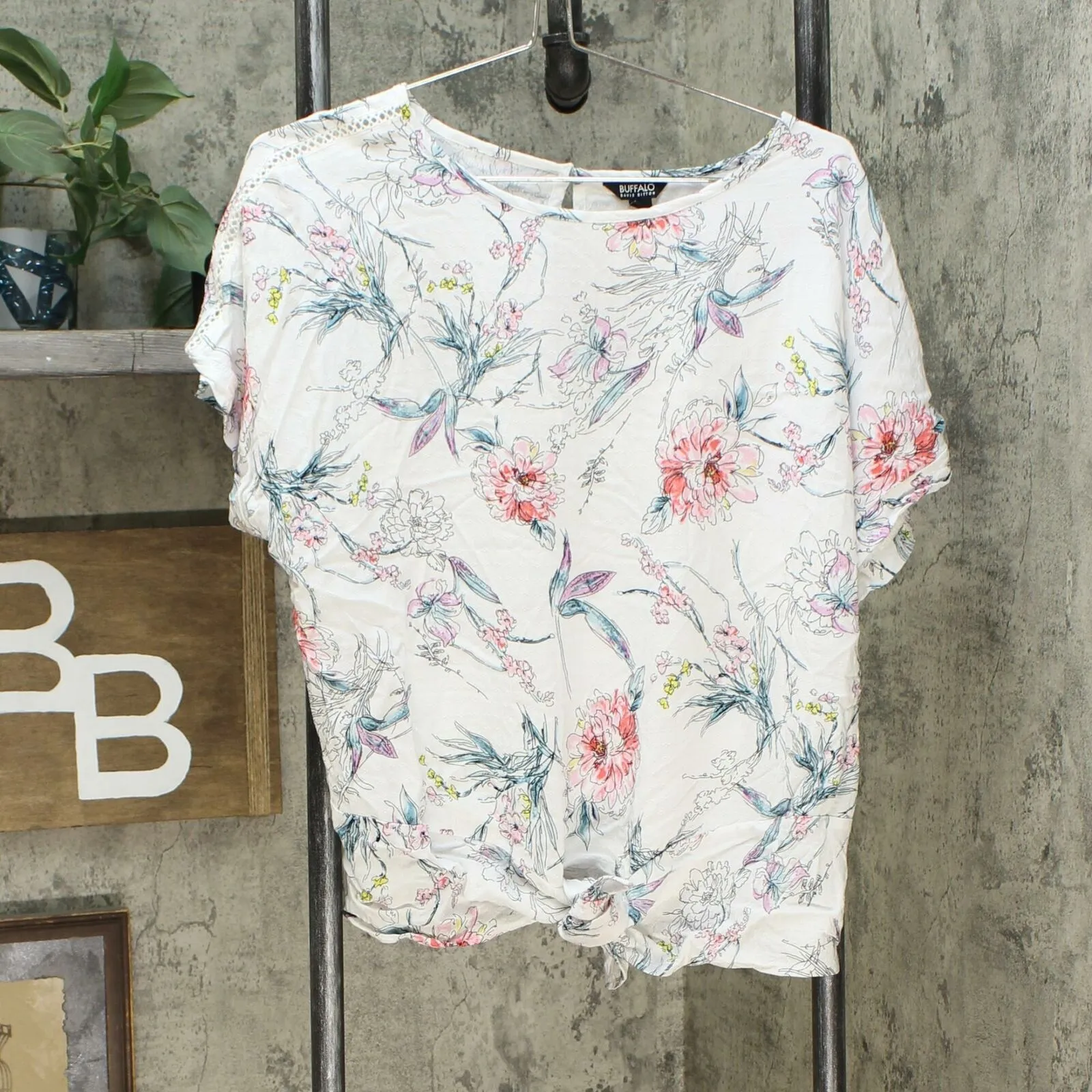 Buffalo David Bitton Tie Front Floral Top With Crochet Inserts White Large
